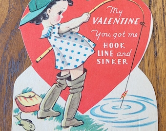 Vintage Penny Valentine 1946 A-Meri-Card  P-110 "My Valentine You got me hook line and sinker" Die Cut UNUSED Paper ephemera