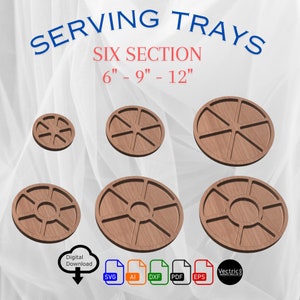 Circle trays with six sections - 6 Different Designs - Digital download vector files (Svg, AI, Dxf, Eps & Pdf)  Vectric CRV files for CNC