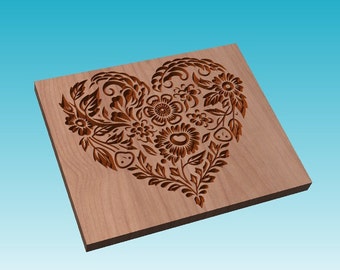 Archivo CNC de corazón floral: Vector de tallado en madera (descarga digital)
