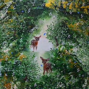 May include: An original painting depicting a forest scene with two deer. The artwork features a path leading through lush green foliage, with the deer standing in the center. White and blue accents add detail to the painting.