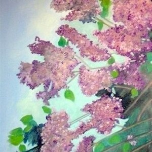 May include: A painting of a lilac bush in bloom. The flowers are a soft purple and pink, and the leaves are a vibrant green. The background is a light blue.
