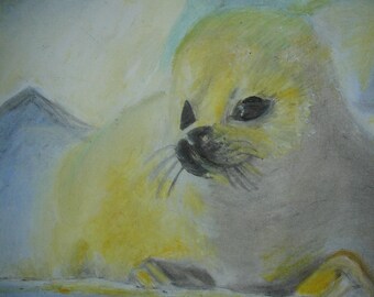 1 Harp Seal Greeting Card of My Original Oil Painting with Envelope Included  (5 x 3)