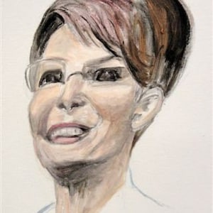 May include: A watercolor painting of a woman with short, brown hair. She is wearing glasses and has a warm smile. The painting is done in a realistic style.