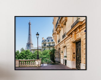 May include: A framed photograph of the Eiffel Tower in Paris, France. The photo shows a view of the tower from a street level perspective, with a building in the foreground and trees in the background.
