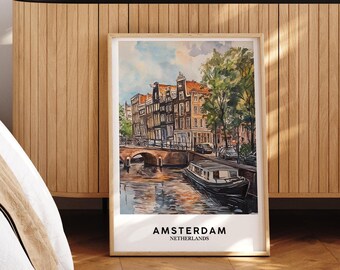 Impression d'art du canal d'Amsterdam : affiche de voyage aux Pays-Bas - Cadre en option