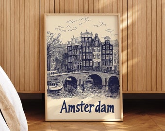Amsterdam Canal House Art Print: Vintage Netherlands Travel Poster