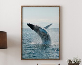 Lámina artística de ballena en el océano: decoración náutica de pared para playa