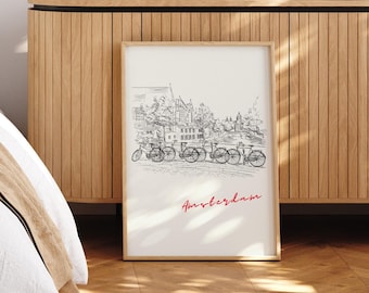 Amsterdam Canal House Line Art Print: Vintage Netherlands Travel Poster