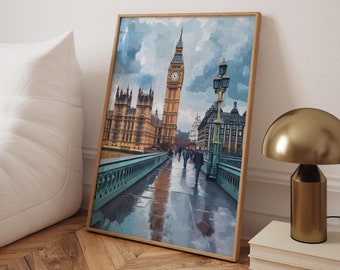 May include: A framed watercolor painting of Big Ben and the Houses of Parliament in London, England. The painting depicts a bridge with people walking across it, and the iconic clock tower in the background.
