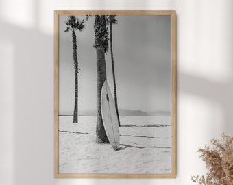 Black and White Surfboard Beach Photo: California Coastal Art