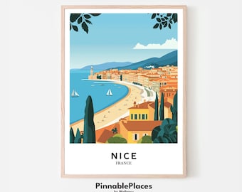 Póster de viaje de Niza, Francia: Ilustración de la Riviera Francesa (archivo digital)