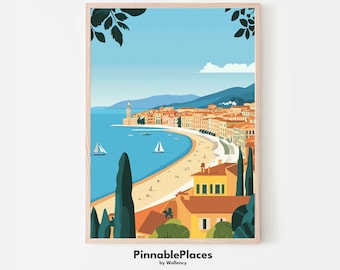 Póster de viaje de Niza, Francia: Ilustración de la Riviera Francesa (archivo digital)