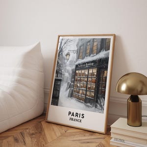 Arte de parede de Paris, impressão de Paris, livraria de inverno, Natal literário, presente para amantes de livros, pôster de livraria, ideias para presentes de Natal - moldura opcional