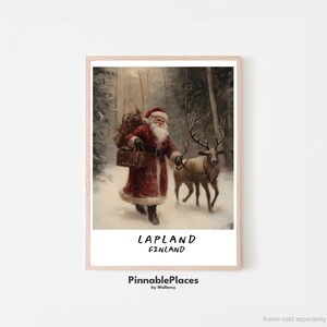 Impressão de Papai Noel, Impressão de Rena, Impressão de Pôster da Lapônia, Impressão da Finlândia, Arte de Parede de Natal Vintage, Ideias para Presentes de Natal - Arquivo Digital