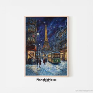 Impresión de París, póster de la Torre Eiffel, impresión artística de la noche de Navidad, impresión de nieve invernal, decoración navideña del país de las maravillas, regalo de Navidad: archivo digital