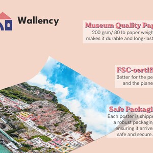 May include: A colorful poster print of a seaside town with buildings on a cliffside. The poster is printed on museum quality paper, which is 200 gsm/80 lb paper weight, making it durable and long-lasting. The paper is FSC-certified, meaning it is better for the people and the planet. The poster is shipped in safe packaging, ensuring it arrives safe and secure.