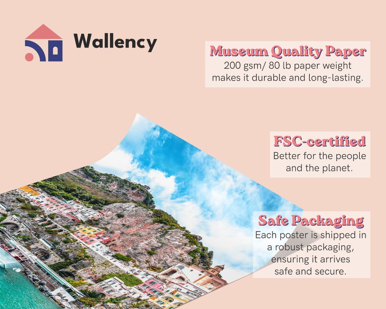 May include: A colorful poster print of a seaside town with buildings on a cliffside. The poster is printed on museum quality paper, which is 200 gsm/80 lb paper weight, making it durable and long-lasting. The paper is FSC-certified, meaning it is better for the people and the planet. The poster is shipped in safe packaging, ensuring it arrives safe and secure.