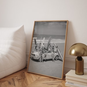 Vintage Surfers Black and White Photo Print: Retro Beach House Art