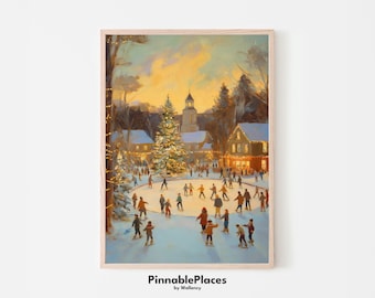 Winterlandschaft Eislaufen Kunstdruck: Urlaub Weihnachten Dekor (Digitale Datei)