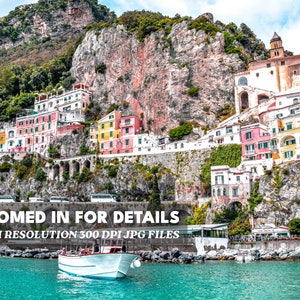 May include: A colorful village built into a cliffside overlooking a turquoise body of water. A white boat with a wooden deck is in the foreground. The text "Zoomed in for details" and "High resolution 300 DPI JPG files" is at the bottom of the image.