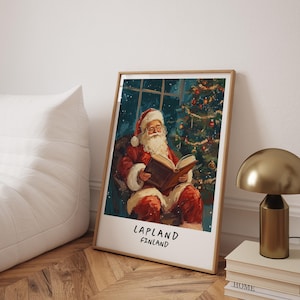 Impressão do Papai Noel, livro de leitura do Papai Noel, pôster da Lapônia, impressão da Finlândia, arte de parede de Natal vintage, ideias para presentes de Natal - moldura opcional