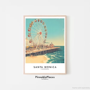 Santa Monica Poster, Santa Monica Art Print, Santa Monica Wall Art, California Travel Poster, Ferris Wheel Art, Custom Text - Digital File