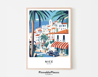 Póster de viaje por la Riviera Francesa: Impresión artística de Niza, Francia (archivo digital)