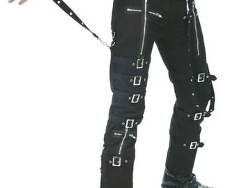 Pantalones estilo gótico para hombre Pantalones negros con cadena y hebilla con cremallera Pantalones punk cibergóticos Pantalones 100% algodón para hombre
