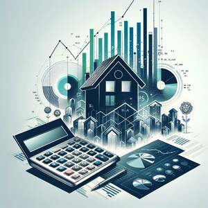 Può includere: Illustrazione dell'analisi dei dati immobiliari. Una silhouette di casa è circondata da grafici, diagrammi e una calcolatrice. La tavolozza dei colori include sfumature di blu e verde acqua, suggerendo analisi finanziarie e di mercato.