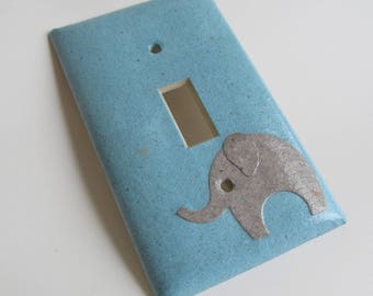 Elephant on Blue Light switch Plate- single- Recycled Materials