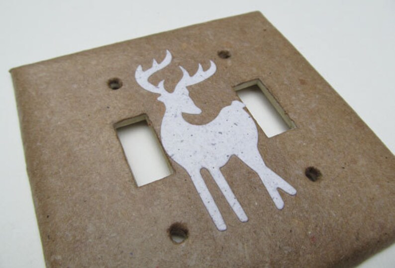 Decorative Double Deer Wall Decor Light Switch Plates, upcycled with handmade paper from reclaimed materials with junk mail deer image 3