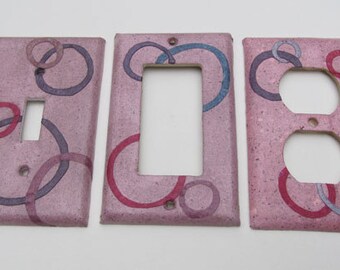Eco Friendly Pink with Circles Recycled Switch Plate Covers, handmade paper from junkmail and cotton T-shirts-Recycled Handmade Paper