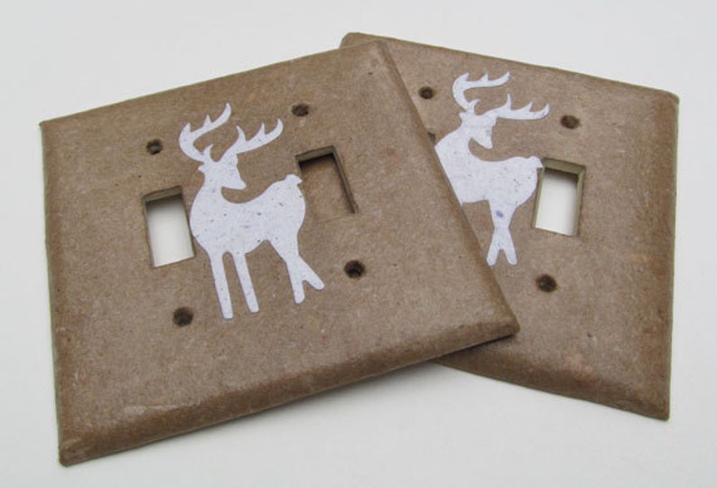 Decorative Double Deer Wall Decor Light Switch Plates, upcycled with handmade paper from reclaimed materials with junk mail deer image 2