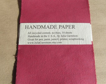 Handmade Paper from upcycled Red cotton T-shirts, no dyes or additives. Eco- Friendly, 8 1/2 x 11 inches-Recycled Handmade Paper