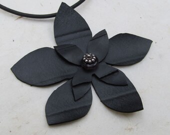 Eco Friendly Flower Necklace from Upcycled Bike Tire Tube rubber, purple, 16" with rubber cord