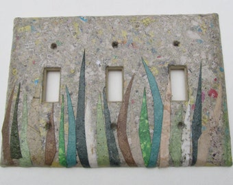 Decorative Tripple Grass Light Switch Plates, upcycled with handmade paper from reclaimed materials with Newspaper-Recycled Handmade Paper