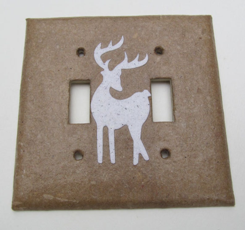 Decorative Double Deer Wall Decor Light Switch Plates, upcycled with handmade paper from reclaimed materials with junk mail deer image 1