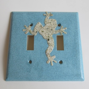 Puede incluir: Una placa de interruptor doble de color azul claro con una silueta de rana blanca. La rana está texturizada para parecer granito.