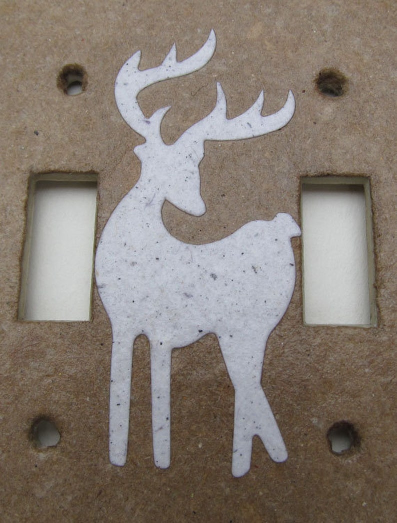 Decorative Double Deer Wall Decor Light Switch Plates, upcycled with handmade paper from reclaimed materials with junk mail deer image 4