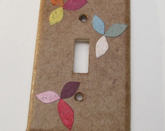 Decorative Tan with flowers Light Switch Plates, handmade paper from recycled broken brown bags and junkmail, earth friendly wall art