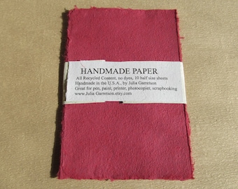 Handmade Paper from upcycled Red cotton T-shirts, no dyes or additives. Eco- Friendly, 8 1/2 x 5.5 inches-Recycled Handmade Paper