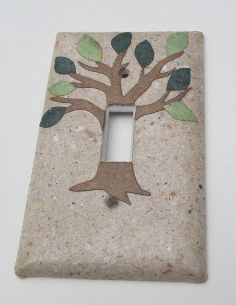 Decorative Tree with Green Leaves Light Switch Plates, handmade paper from recycled materials and no dyes, earth friendly wall art image 5