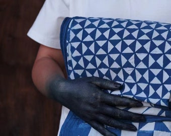 Traditional indigo dye with sticky rice stencil geometry scarf made by 100%rose fiber