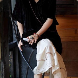 V-Neck Cotton and Silk Velvet Dress | Black and White | Loose Fit | Elegant Minimalist Dress | Custom Size Available