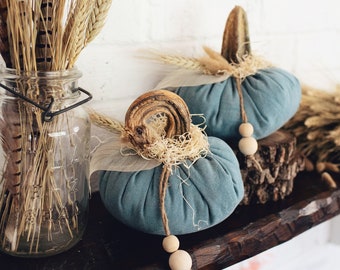 Boho Farmhouse Washed Denim Faux Plush Pumpkins w/Real Dried Stems, Set of 2, Rustic Wooden Bead Cozy Fall Decoration, Autumn Cottage Decor