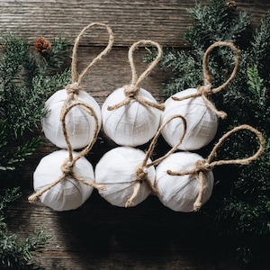 Rustic Farmhouse White Linen Rag Ball Christmas Tree Ornaments, Set of 6, Homespun Inspired Neutral Cottage Holiday Decorations image 1