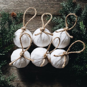 Rustic Farmhouse White Linen Rag Ball Christmas Tree Ornaments, Set of 6, Homespun Inspired Neutral Cottage Holiday Decorations