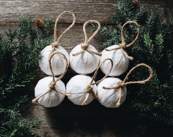 Rustic Farmhouse White Linen Rag Ball Christmas Tree Ornaments, Set of 6, Homespun Inspired Neutral Cottage Holiday Decorations