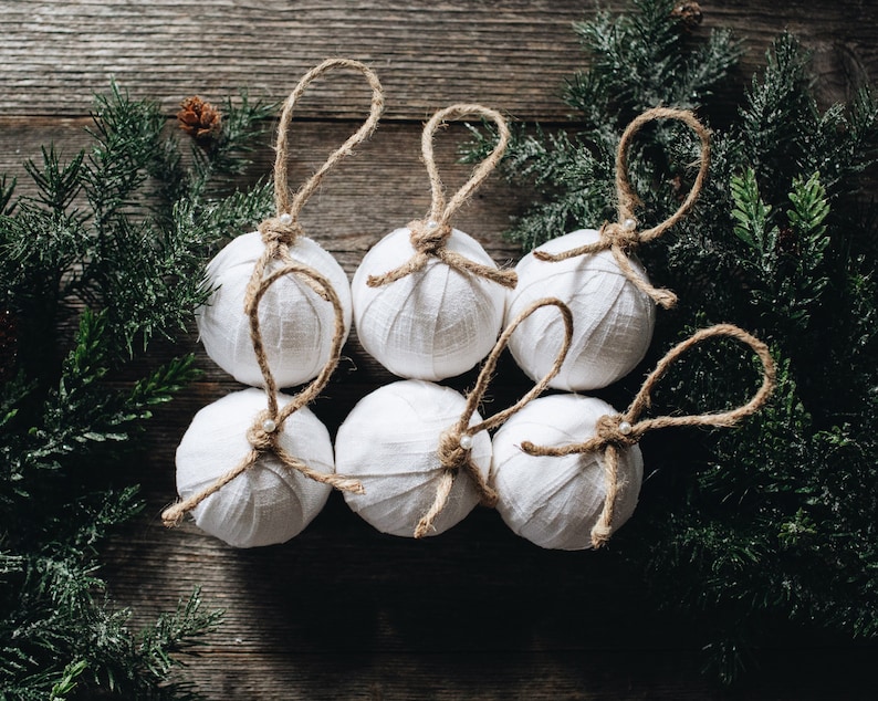 Rustic Farmhouse White Linen Rag Ball Christmas Tree Ornaments, Set of 6, Homespun Inspired Neutral Cottage Holiday Decorations image 1