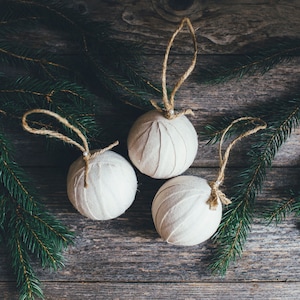Rustic Beige Flannel Rag Ball Christmas Tree Ornaments, Set of 3, Homespun Inspired Neutral Farmhouse Holiday Decoration Bowl Fillers